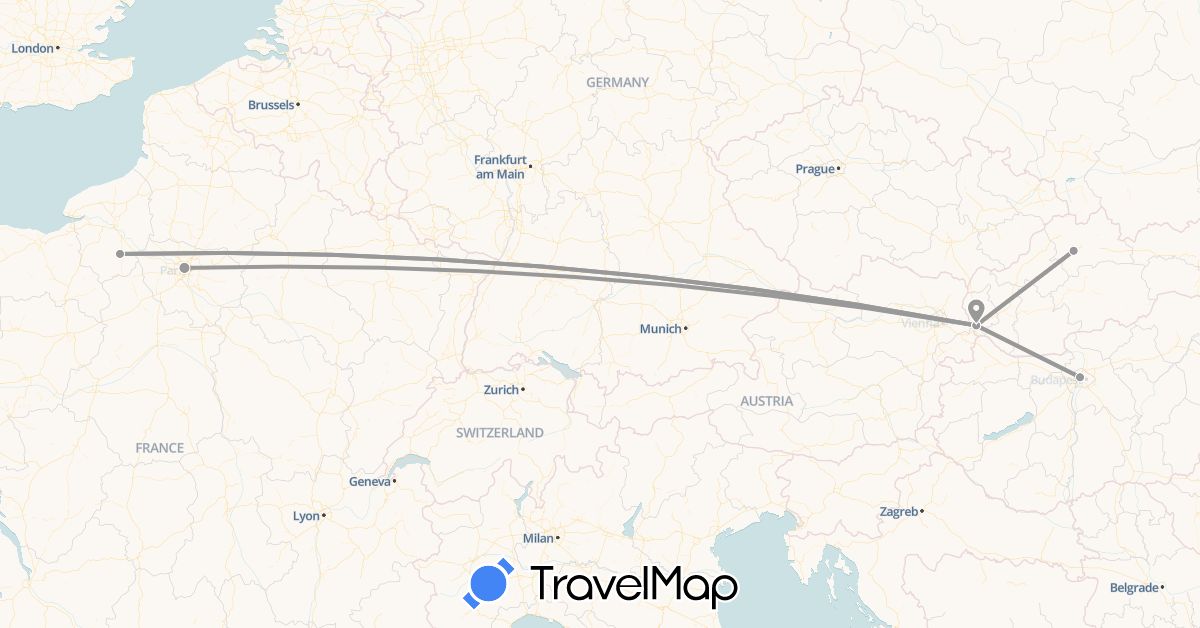 TravelMap itinerary: plane in France, Hungary, Slovakia (Europe)